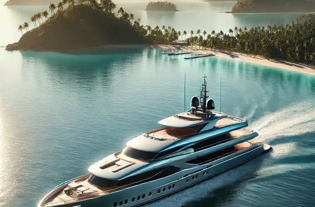 Fiestas en yate de Contadora con modelos VIP 6 Escena de un yate de lujo navegando cerca de Isla Contadora, Panamá. El yate es elegante y moderno, surcando tranquilas aguas turquesas. En la