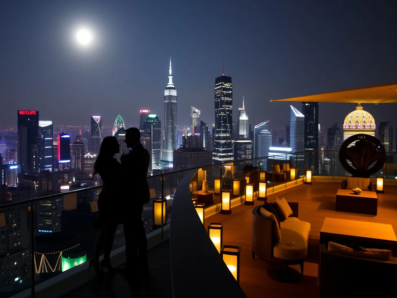 A city skyline at night, with a silhouetted couple on a rooftop