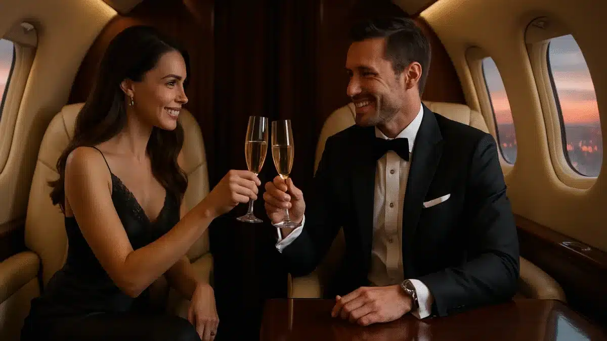 5 Ways Exclusive Escorts Enhance Luxury Experiences 6 Sophisticated couple toasting with champagne inside a luxury private jet, dressed in formal evening wear with a city skyline visible through the windows