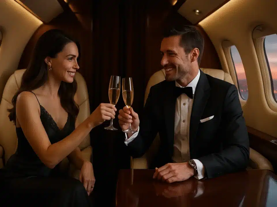 5 Ways Exclusive Escorts Enhance Luxury Experiences 4 Sophisticated couple toasting with champagne inside a luxury private jet, dressed in formal evening wear with a city skyline visible through the windows