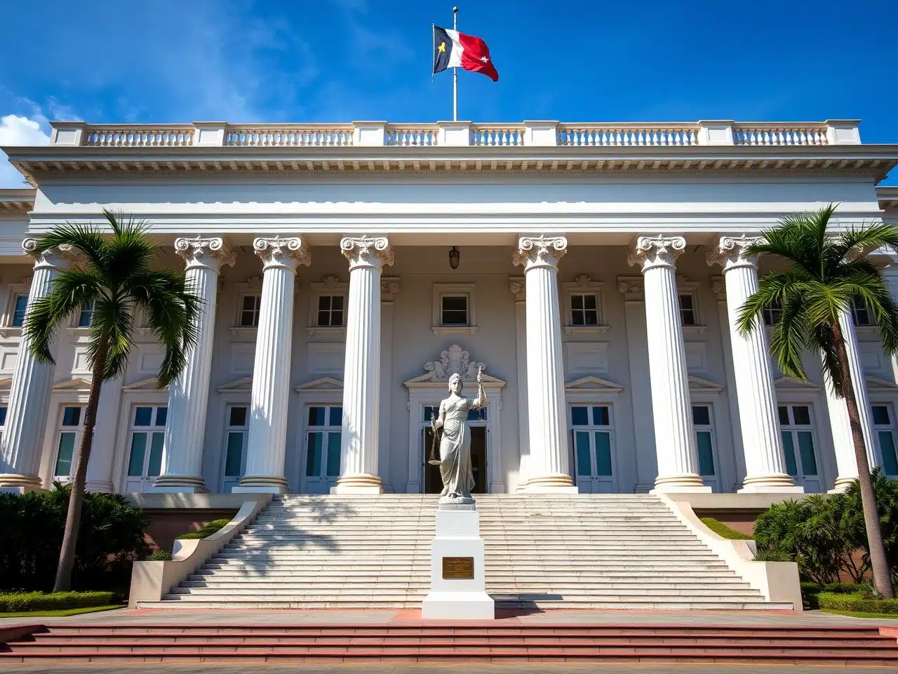 A neoclassical courthouse in Panama City with tall white columns, a grand staircase, and the national flag waving above. A Lady Justice statue stands at the entrance, symbolizing law and order.