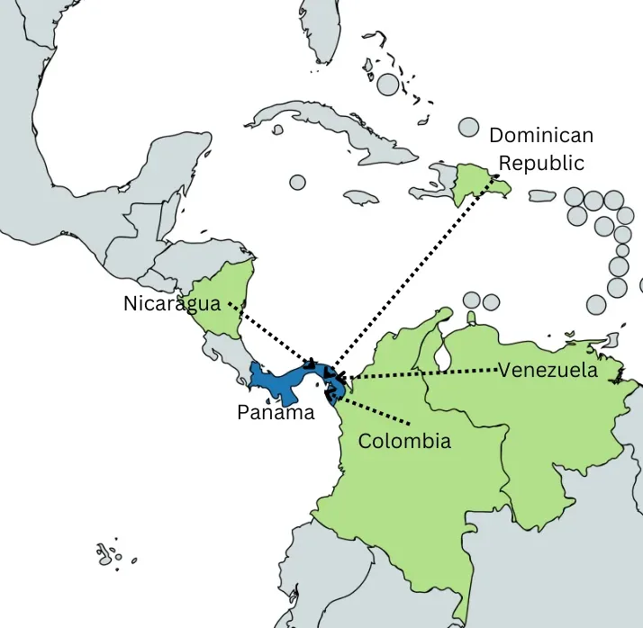 a map of central and south america showing migration routes to panama