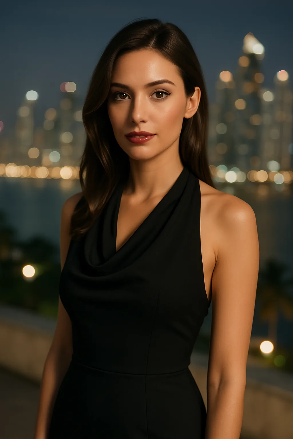 Professional VIP escort in Panama wearing elegant attire, photographed with discretion