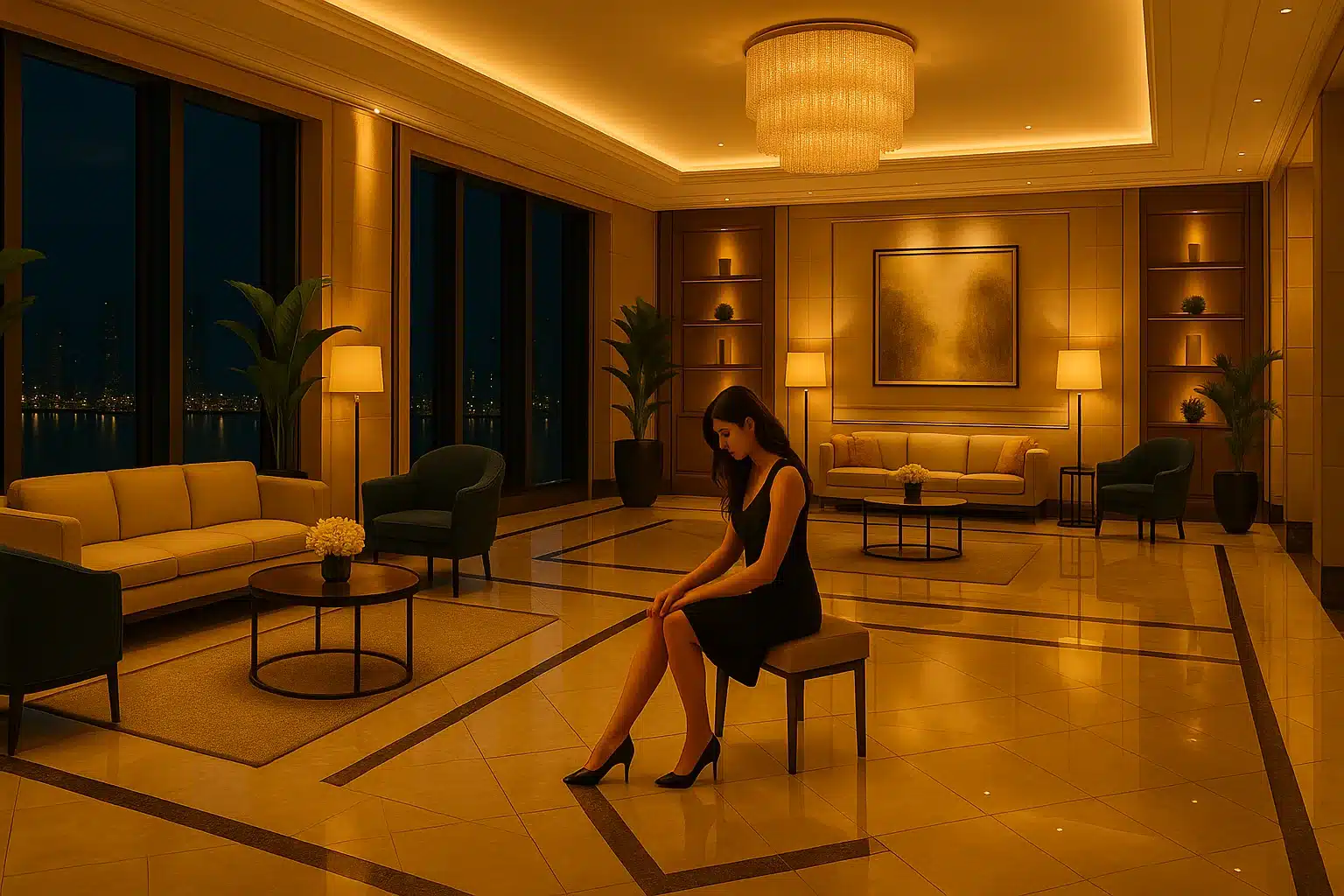 Escort discreetly arriving at upscale hotel for private outcall