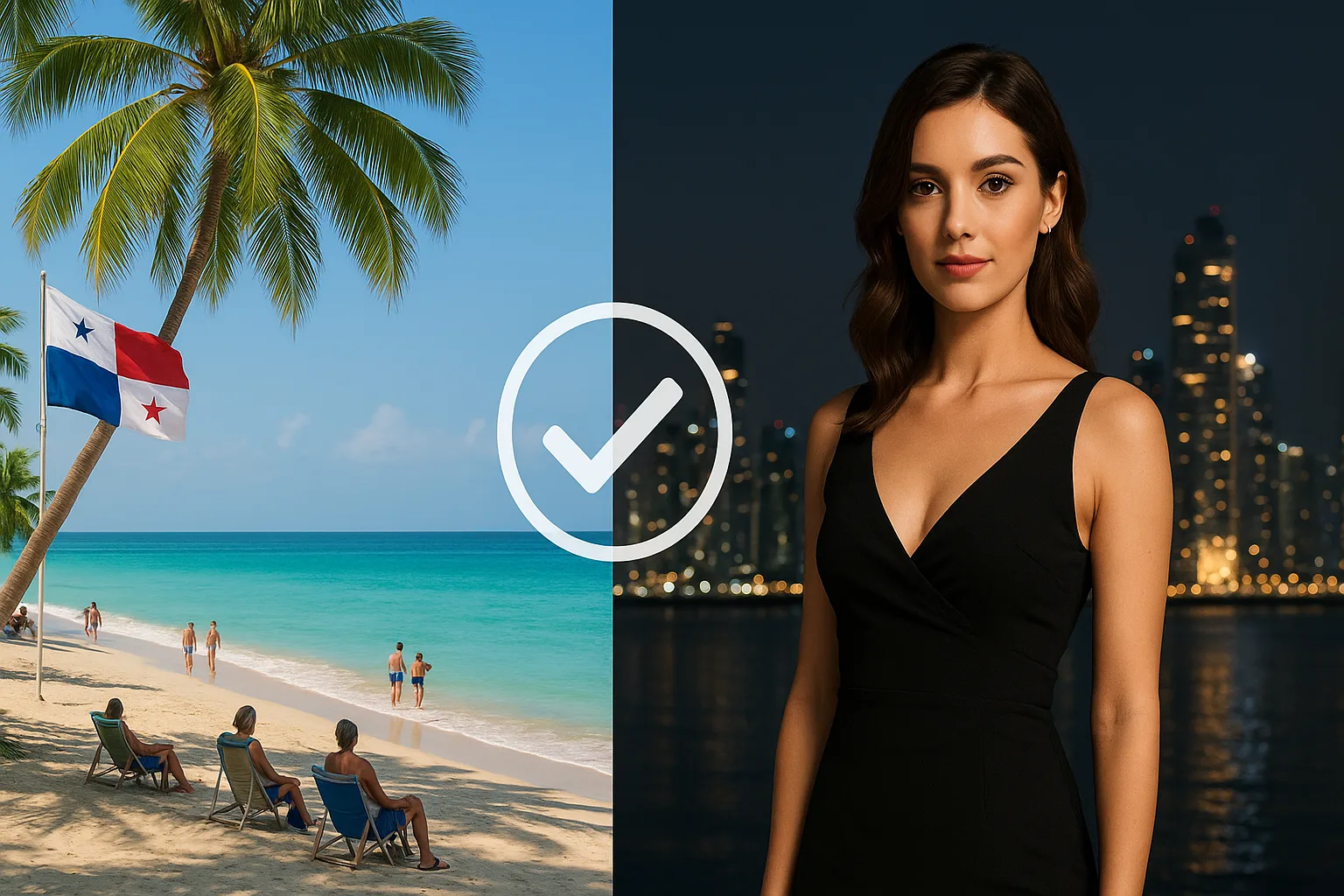 Split image showing Panama tourism and nightlife with icons for ethical escort choices
