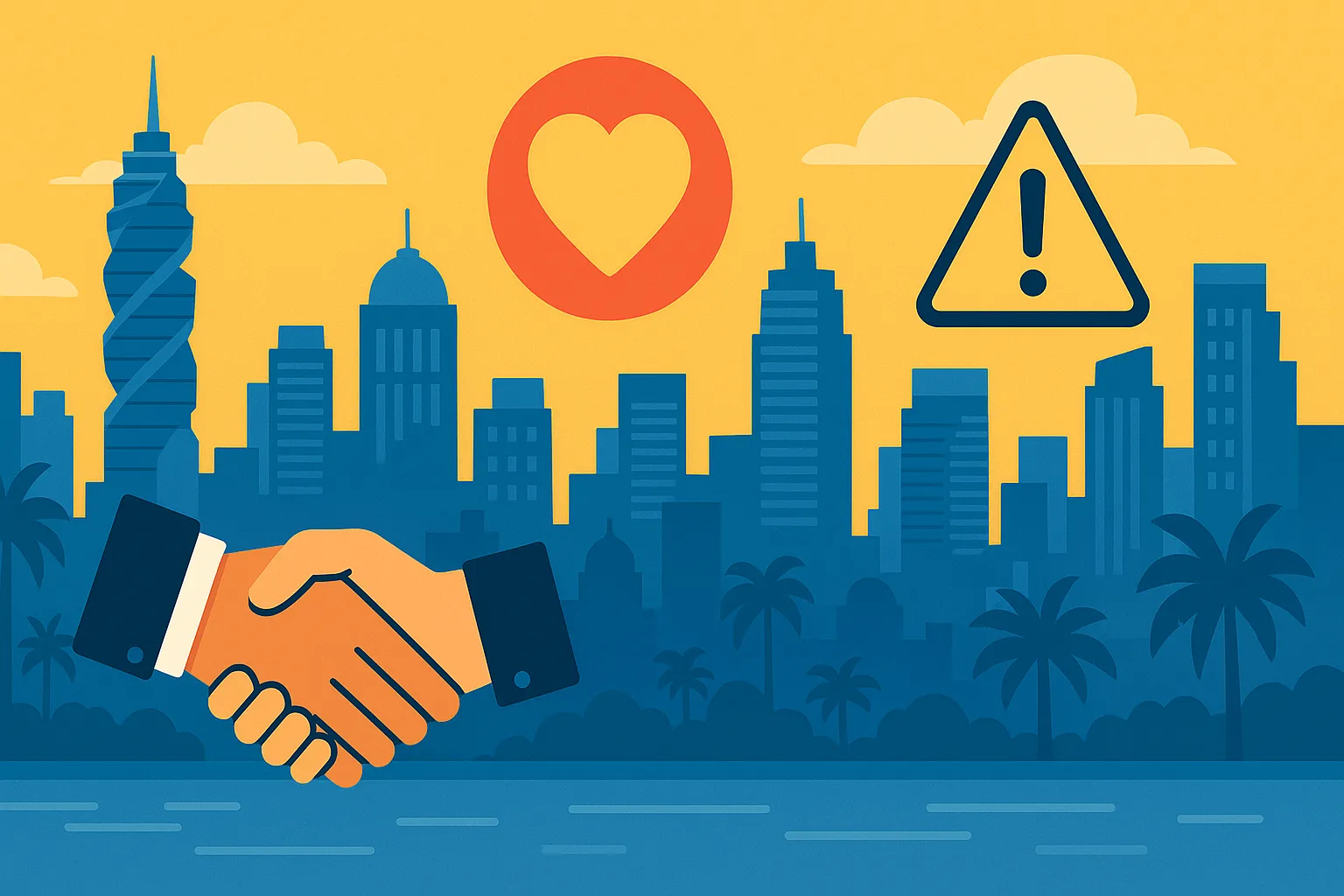 Symbols of consent, respect, and communication set against Panama's urban skyline