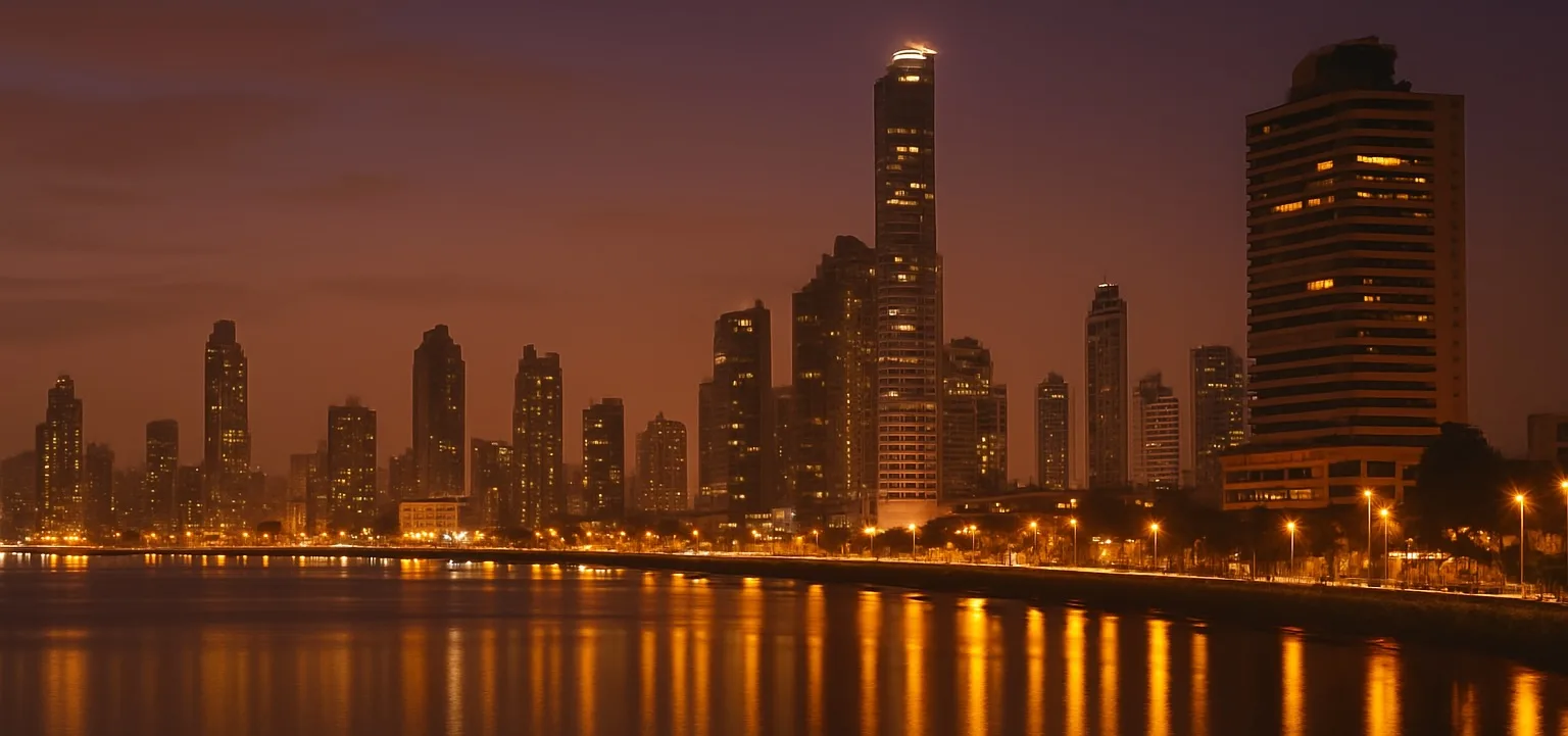 Elegant nighttime cityscape of Panama City with upscale hotels, soft tropical lighting, and gentle reflections on the bay. No people, editorial photography style, luxurious and inviting ambiance