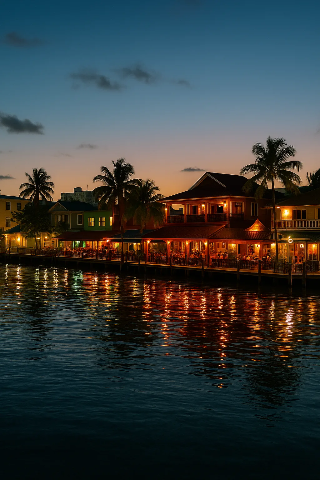 Belize City nightlife along the waterfront with Caribbean bars and coastal influence