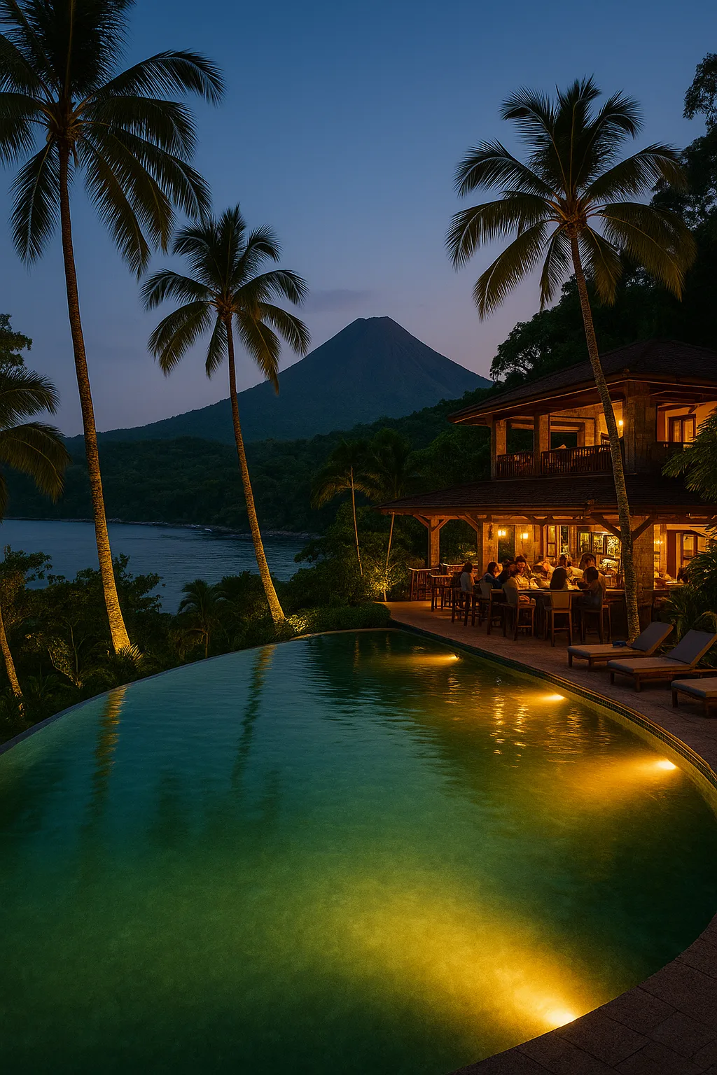 Upscale resort in Costa Rica with an infinity pool overlooking Arenal Volcano at sunset, featuring guests enjoying the nightlife at a luxury open-air bar