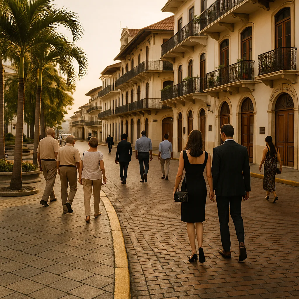 Elegant street scene in Casco Viejo, Panama City, with well-dressed locals and visitors walking past colonial balconies and palm trees at sunset, symbolising cultural respect and discretion.