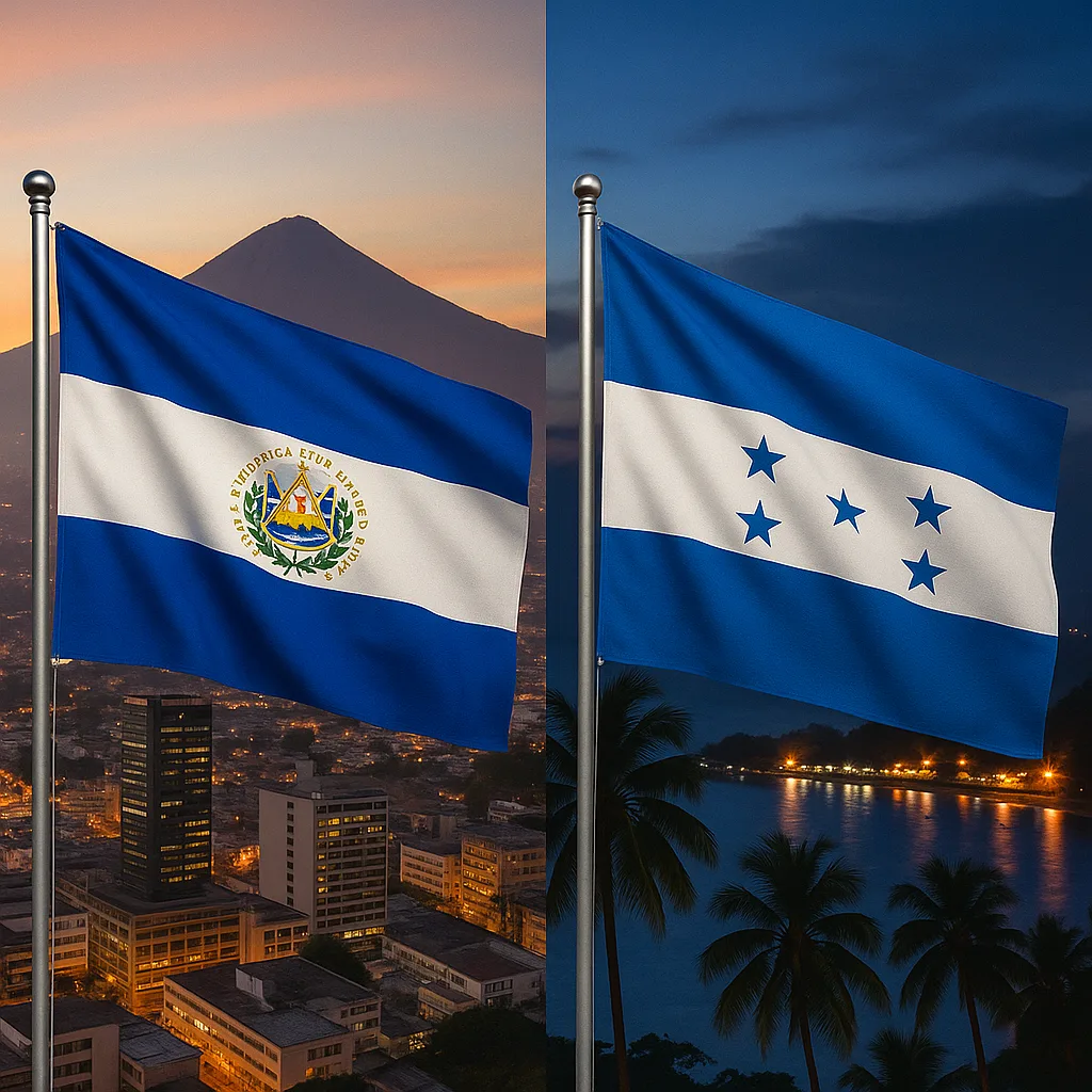 Square image featuring the national flags of El Salvador and Honduras. The El Salvador flag waves above San Salvador city with the San Salvador volcano in the background at dusk, while the Honduras flag is set against a coastal evening scene with palm trees and ocean lights