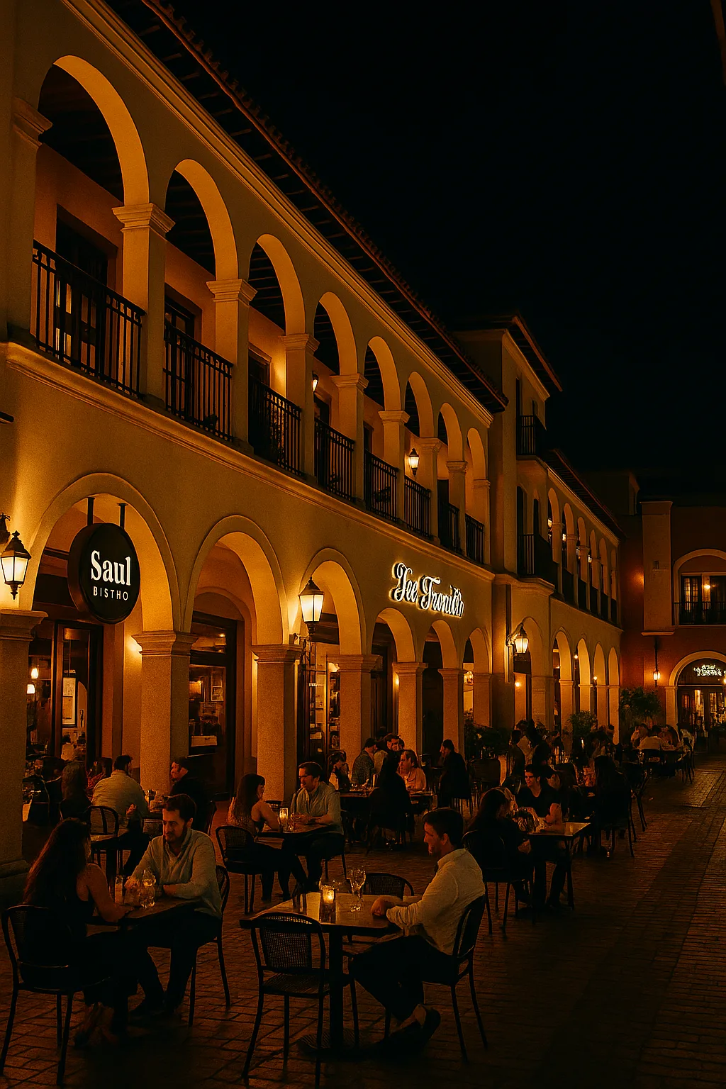 Evening nightlife in Guatemala City’s Zona Viva, featuring Saúl Bistro and other upscale restaurants with people dining outdoors.
