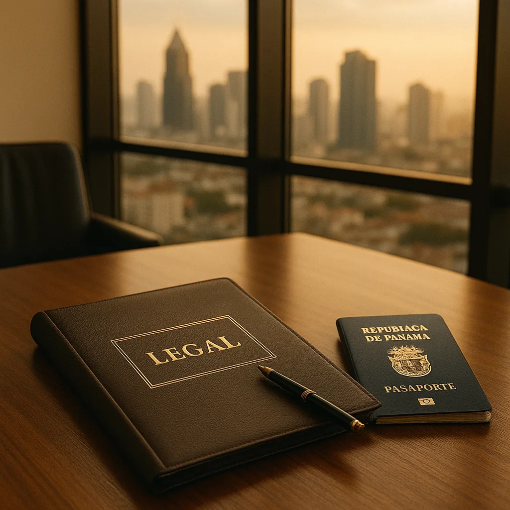 Luxurious office desk with a leather legal folder, fountain pen, and Panamanian passport against the Panama City skyline, symbolising compliance and professionalism in escort outcall services.