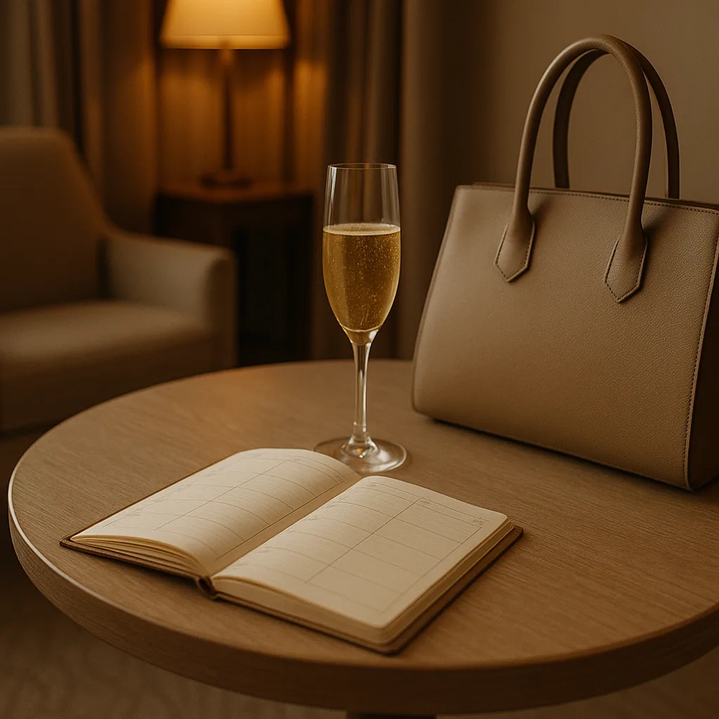 Elegant scene with champagne, open planner, and handbag on a round table in a luxury hotel room, symbolising flexible outcall booking durations.