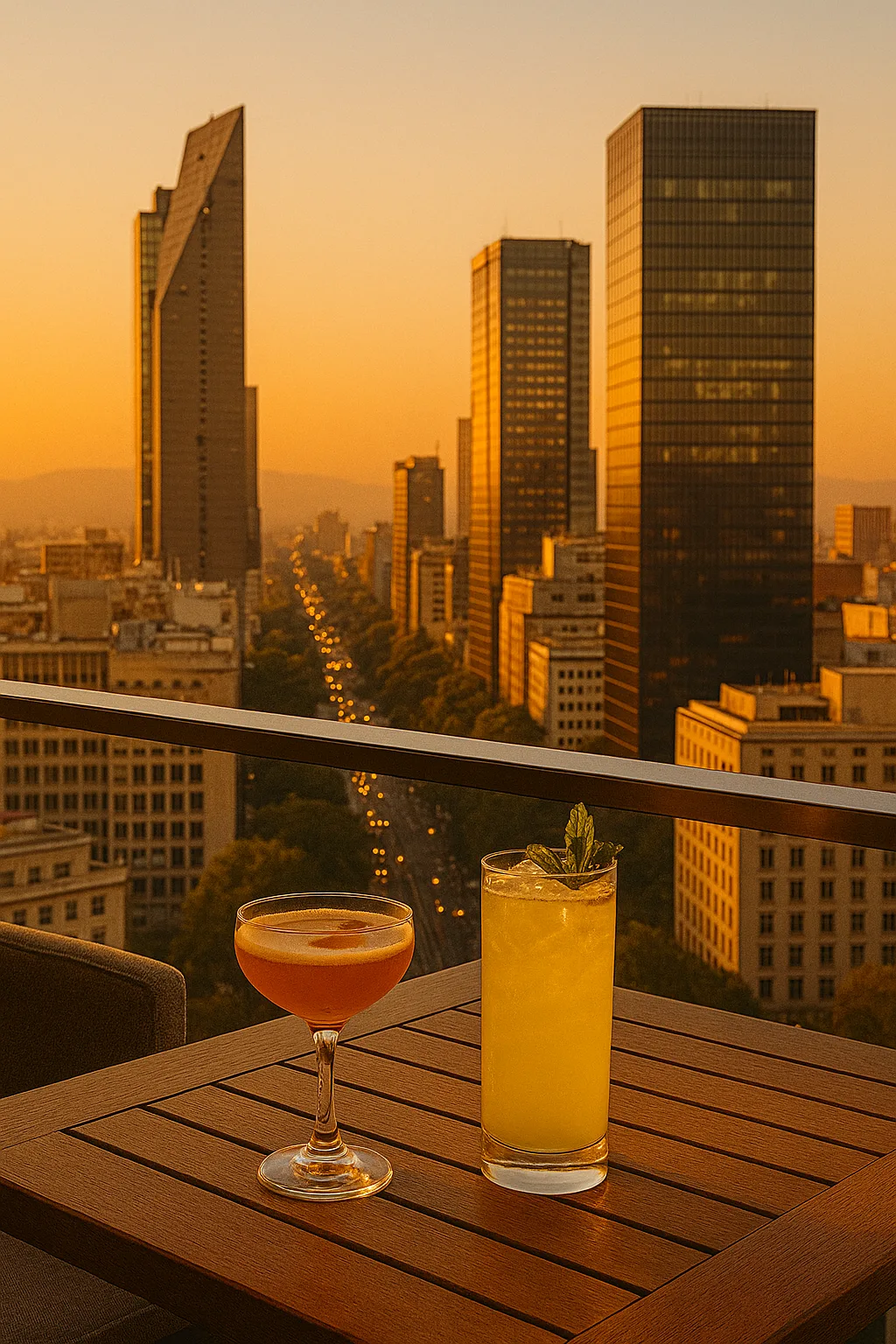 Cocktails on a rooftop bar in Mexico City with the illuminated Paseo de la Reforma skyline at sunset, symbolizing cosmopolitan nightlife and luxury travel.