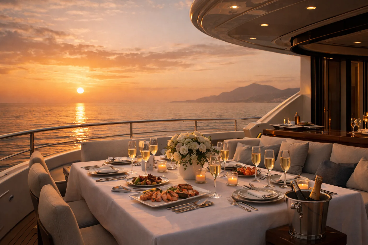Luxury yacht dining setup with catered food and champagne, ocean backdrop, refined table setting, exclusive onboard experience, cinematic lighting, upscale editorial photography