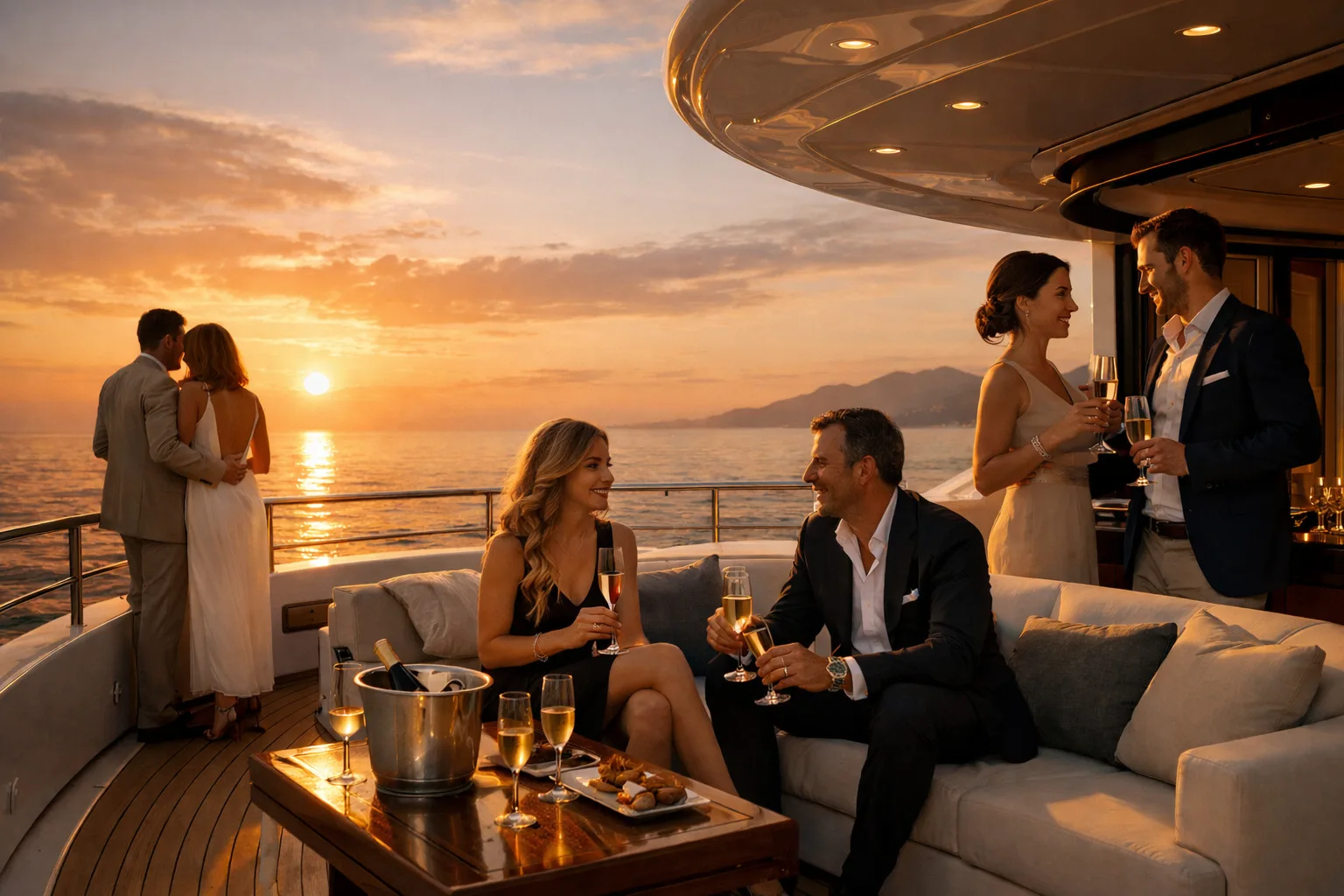 yacht parties on elegant yacht deck setting with modern furnishings, panoramic sea views, refined social atmosphere, premium lifestyle editorial photography, soft lighting, high-end and discreet