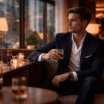 Elite Companionship vs Traditional Dating 4 Well-dressed professional man in a luxury hotel lounge, reflecting on modern relationships and intentional companionship.