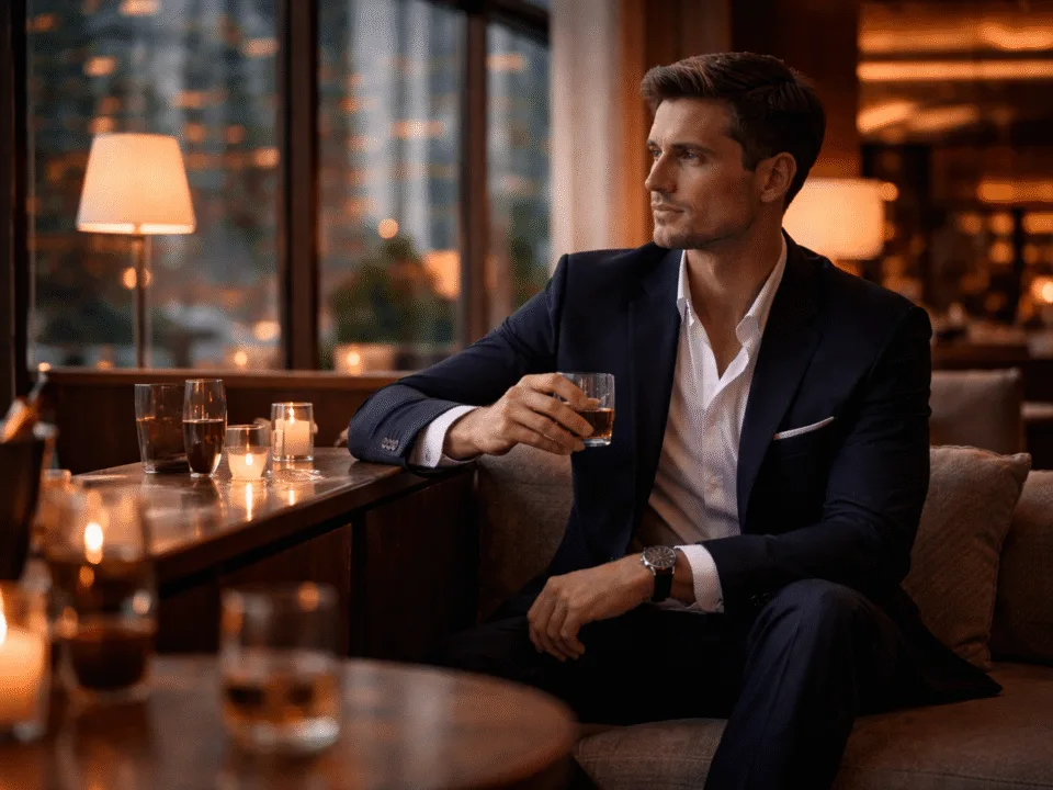 Well-dressed professional man in a luxury hotel lounge, reflecting on modern relationships and intentional companionship.