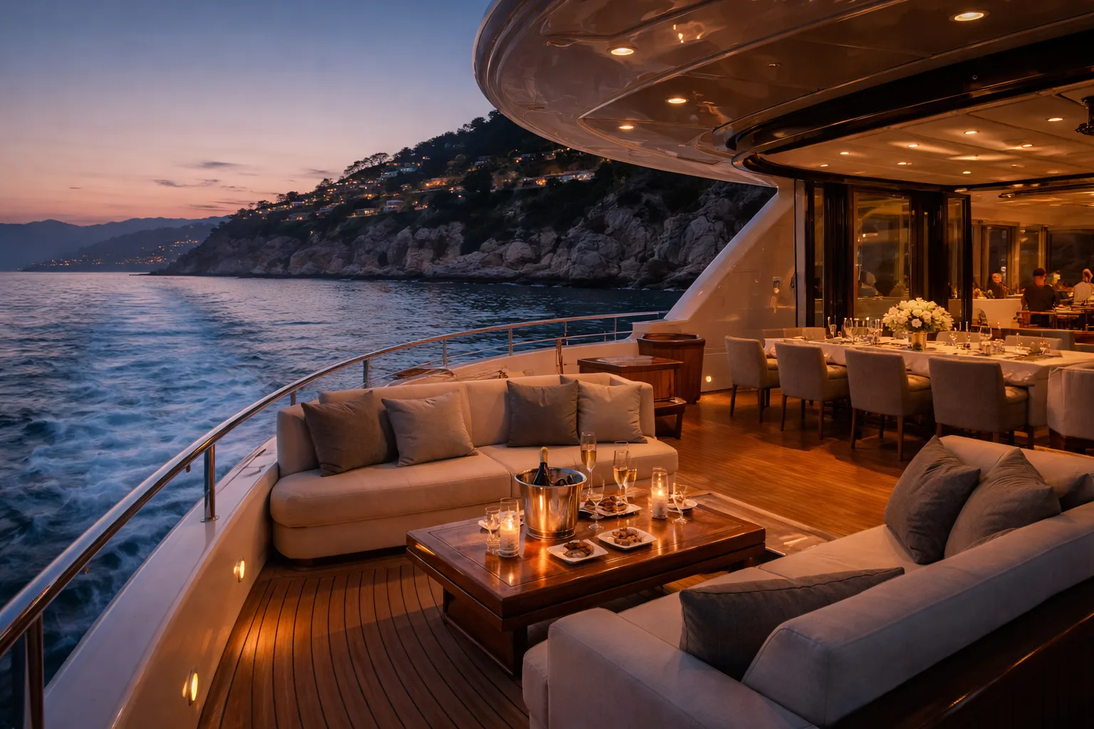 Luxury yacht cruising along coastline at dusk, soft ambient lighting, elegant atmosphere, aspirational premium lifestyle photography, no people in focus