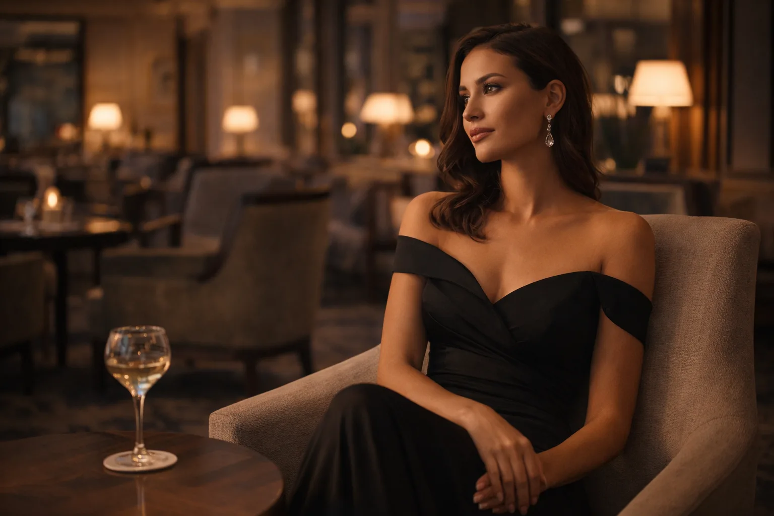 Elegant woman in refined black evening gown seated in luxury hotel lounge