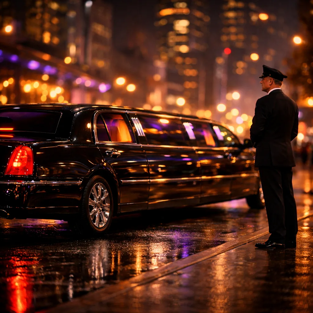 Elegant black stretch limousine parked on a rain-slick city street at night, warm golden and purple lights reflecting on the wet pavement, a professional chauffeur in a dark suit and cap standing beside the vehicle, blurred city skyline in the background with cinematic luxury atmosphere.