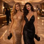 Two elegantly dressed women in gold and black evening gowns standing together in a luxury Panama City hotel lobby with marble floors and warm ambient lighting.