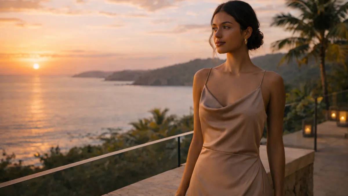 Private Villa and Yacht Experiences in Costa Rica with VIP Companions 6 Elegant Costa Rican woman in early 20s standing on private tropical villa terrace at sunset,