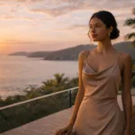 Private Villa and Yacht Experiences in Costa Rica with VIP Companions 3 Elegant Costa Rican woman in early 20s standing on private tropical villa terrace at sunset,