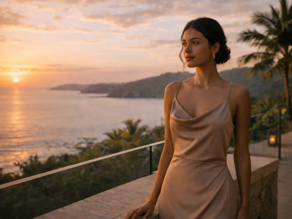 Elegant Costa Rican woman in early 20s standing on private tropical villa terrace at sunset,