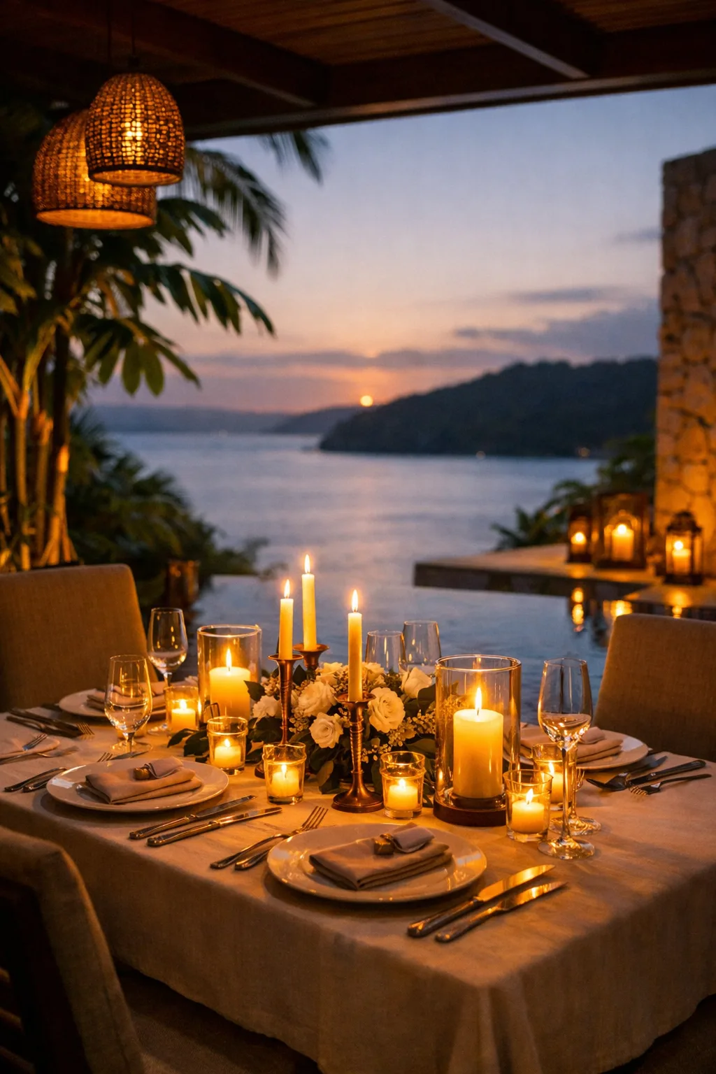 Elegant private dinner setup on an oceanview villa terrace in Costa Rica