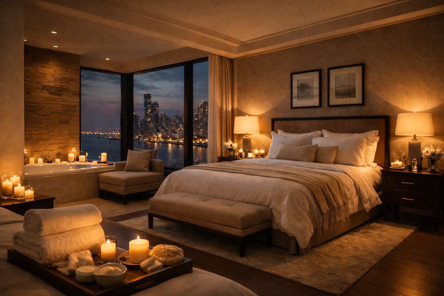 Luxurious penthouse bedroom and spa suite prepared for a private relaxation experience