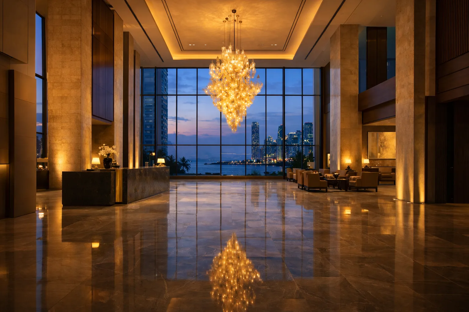 Luxury hotel lobby in Panama City with chandelier and marble interior
