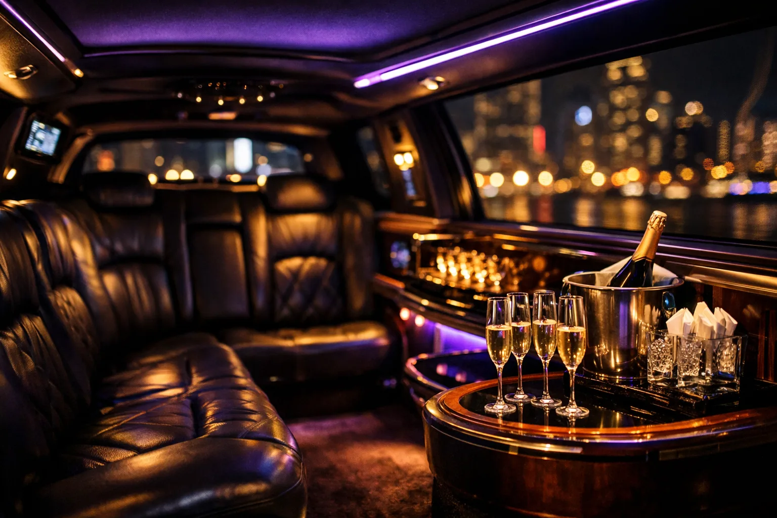 Premium limousine interior with leather seating, ambient LED lighting, and champagne setup for a luxury party experience