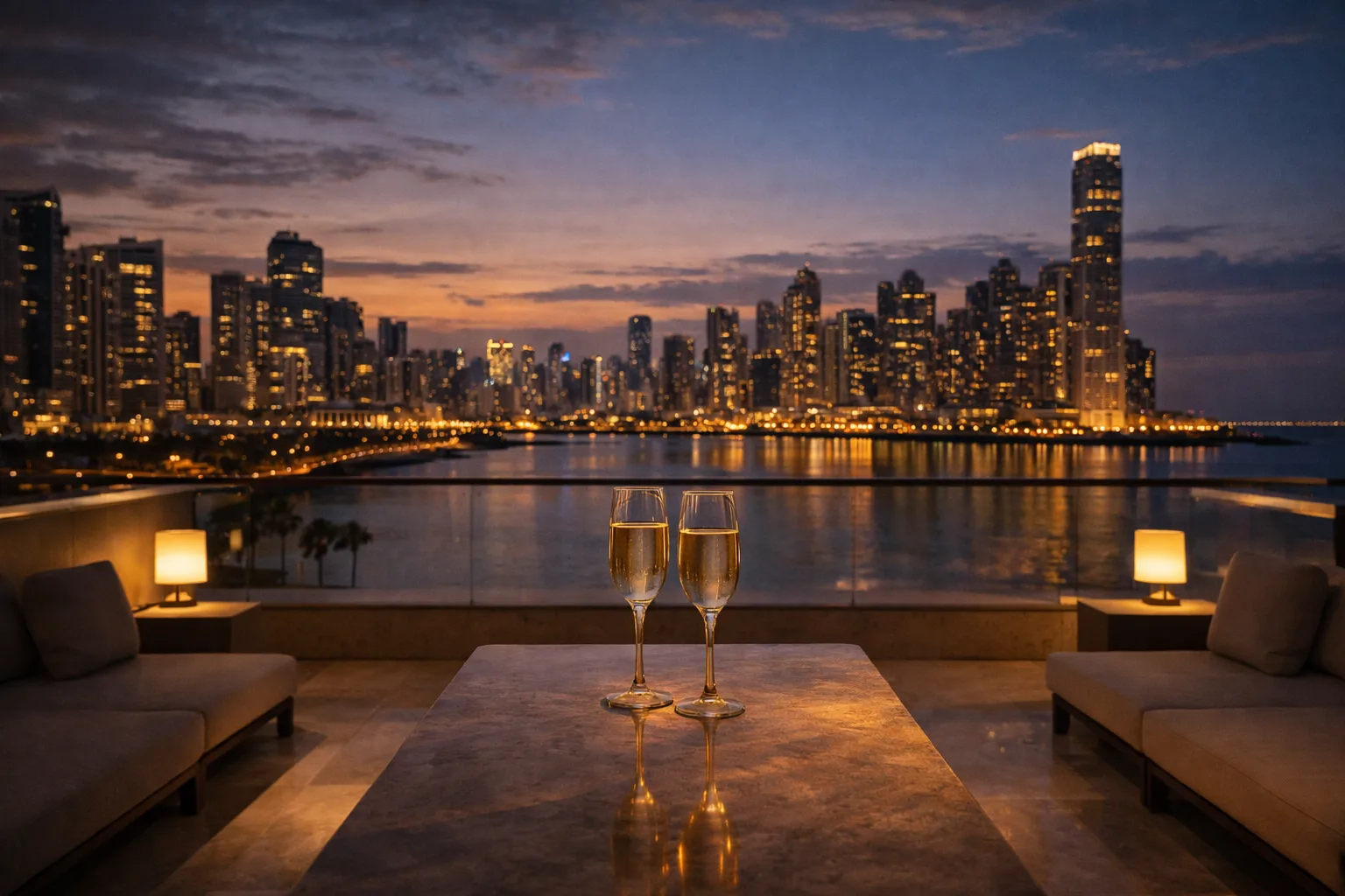 Luxury terrace overlooking Panama City skyline at dusk symbolising international refinement