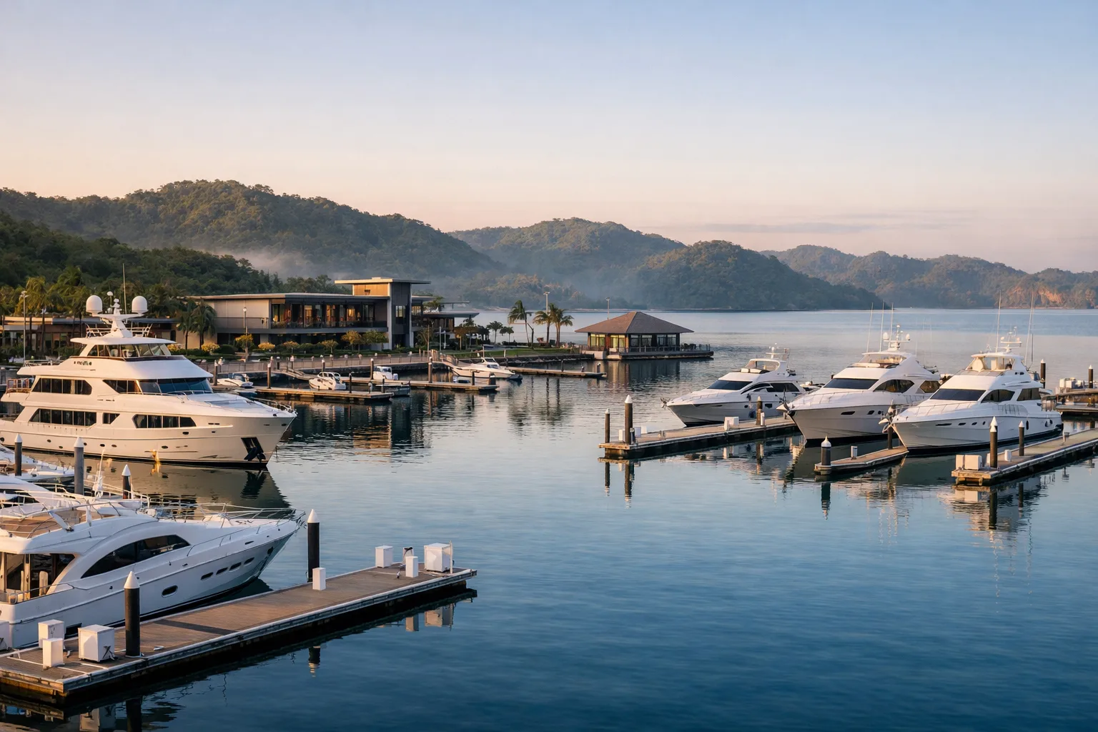 Marina Papagayo at sunrise with yachts and luxury coastal infrastructure in Costa Rica