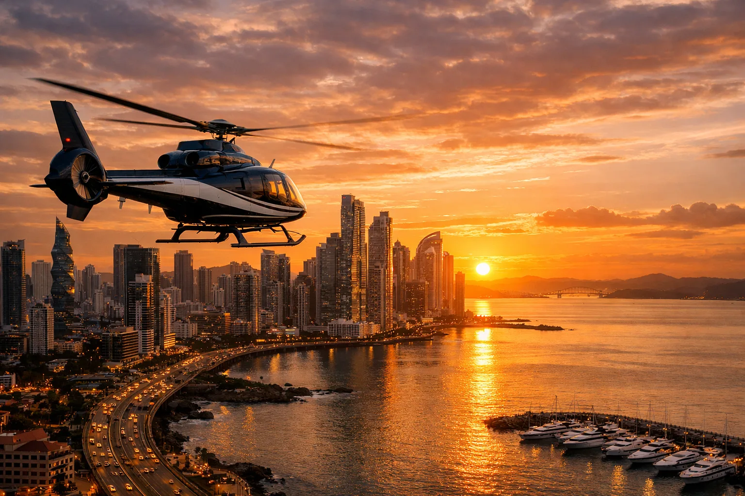 Helicopter flight over Panama City skyline at sunset