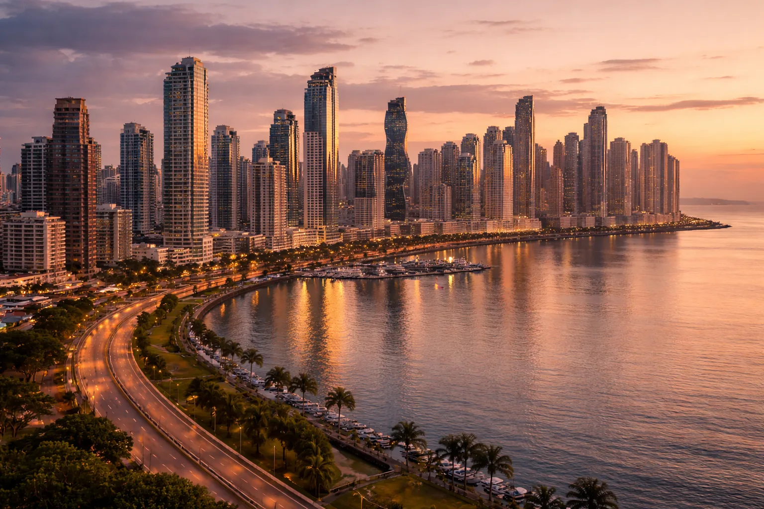 Twilight over Panama City skyline and waterfront districts