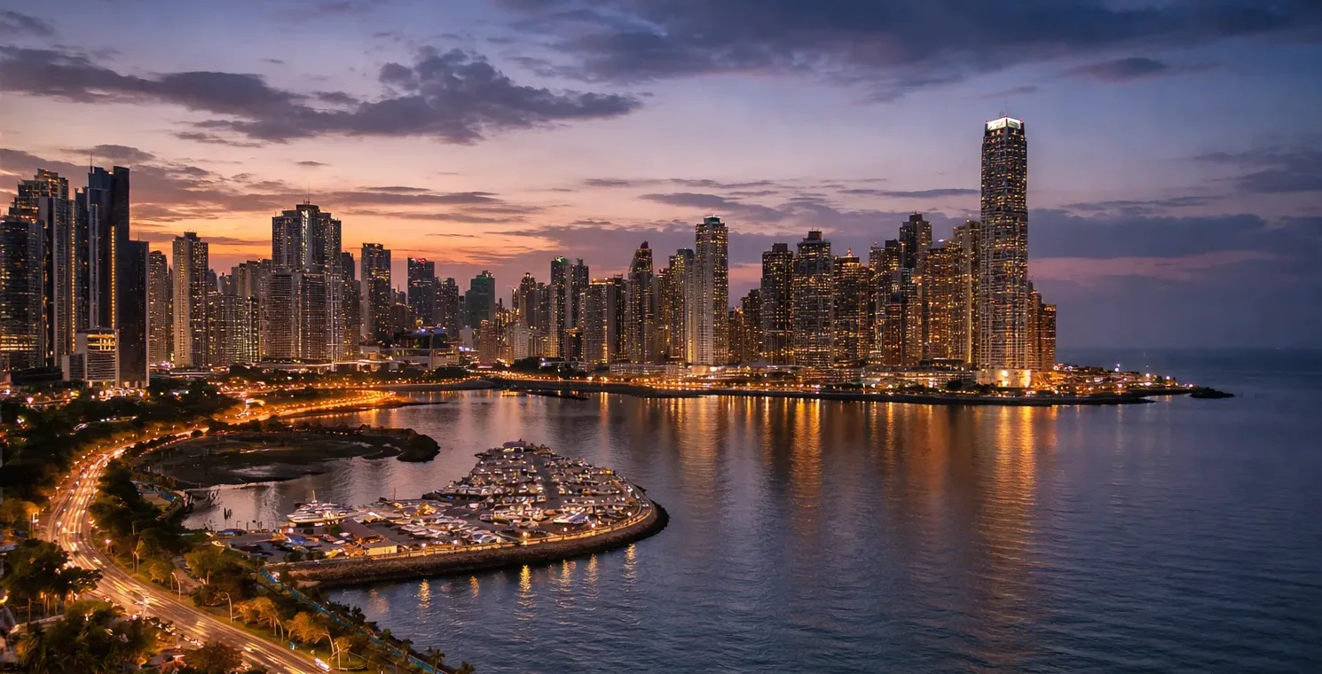 Twilight skyline of Panama City viewed from Avenida Balboa, illuminated glass towers reflecting over the Pacific waterfront in a refined luxury setting.