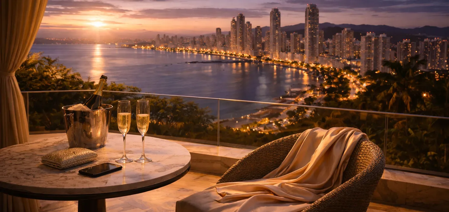 Luxury terrace overlooking Panama City skyline at sunset, VIP lifestyle setting