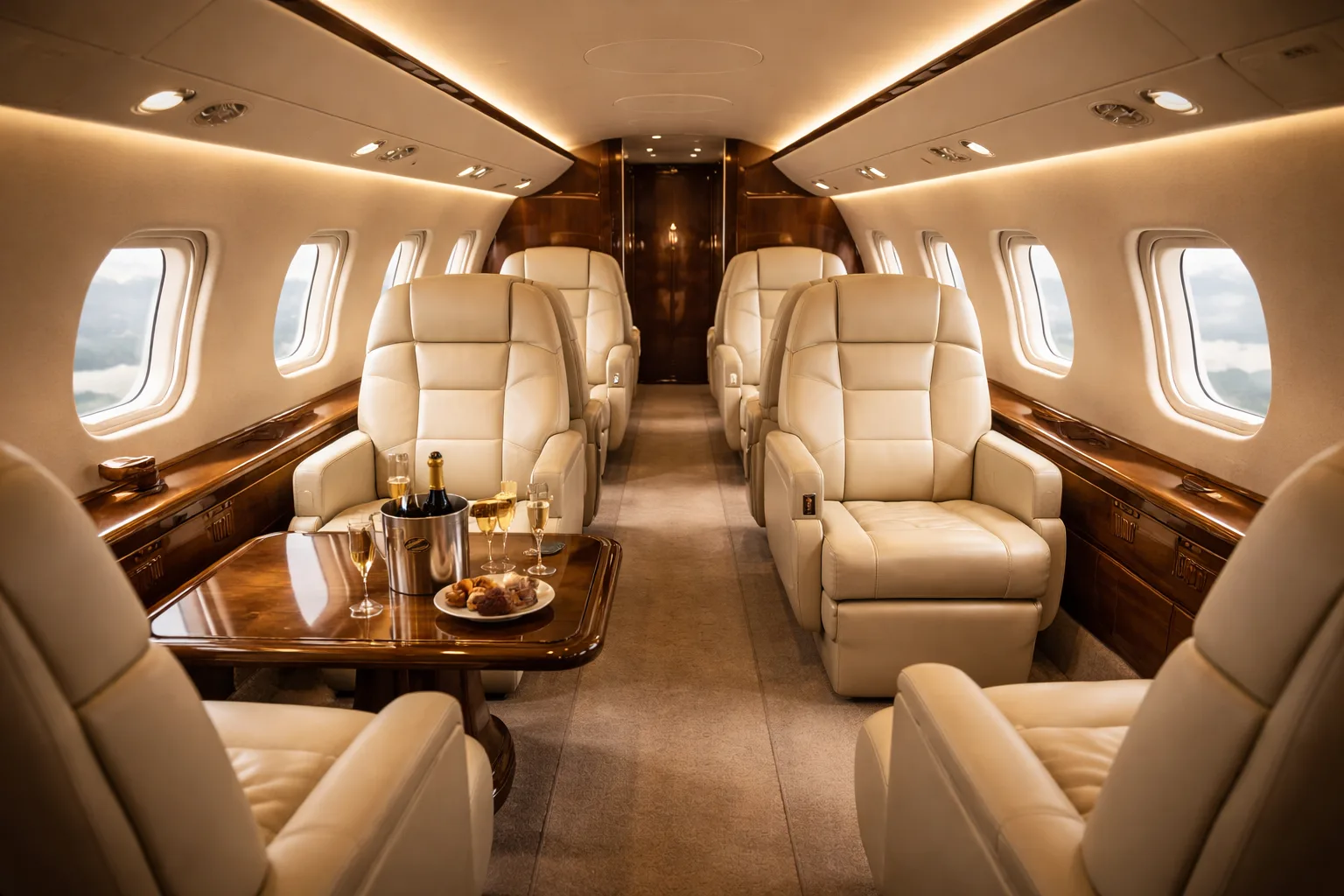 Refined private jet cabin prepared for a VIP aviation experience