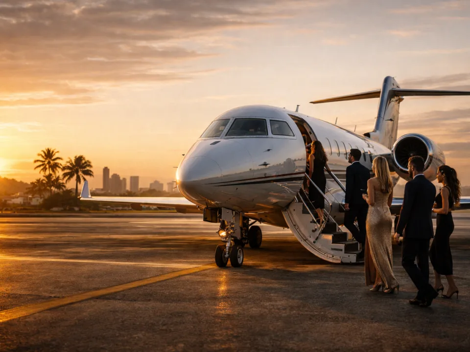 Guests boarding a private jet in Panama during a VIP charter experience