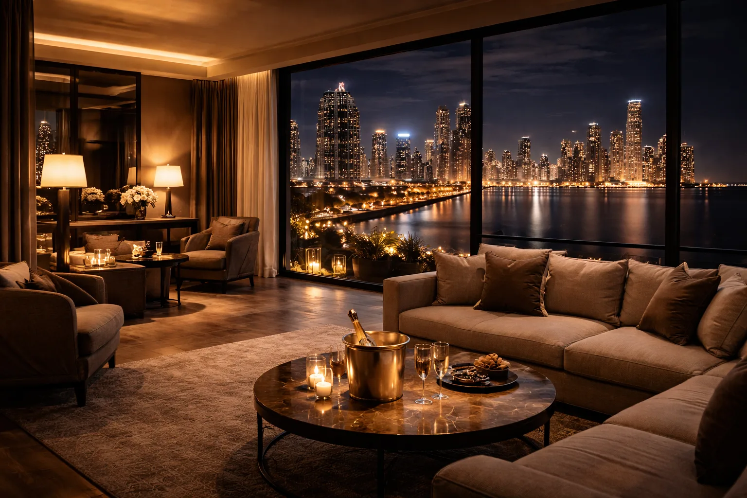 Luxury hotel suite in Panama City with skyline view and refined interior at night