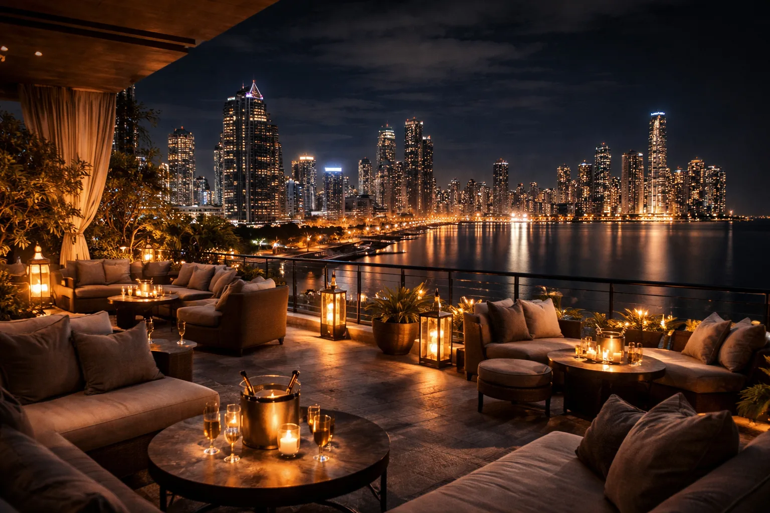 Luxury rooftop lounge in Panama City with skyline view and warm evening lighting