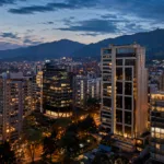Private Evenings in Bogotá | Executive Travel & Discreet Luxury 5 Bogotá skyline at dusk with the Andes mountains behind luxury high-rise buildings in the northern districts.