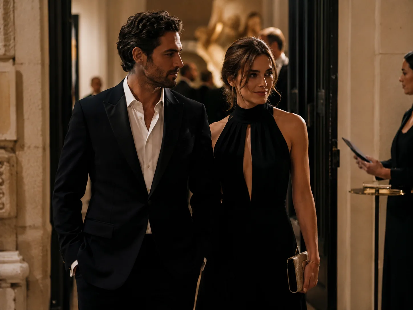 Exclusive escort accompanying a client at a refined private event