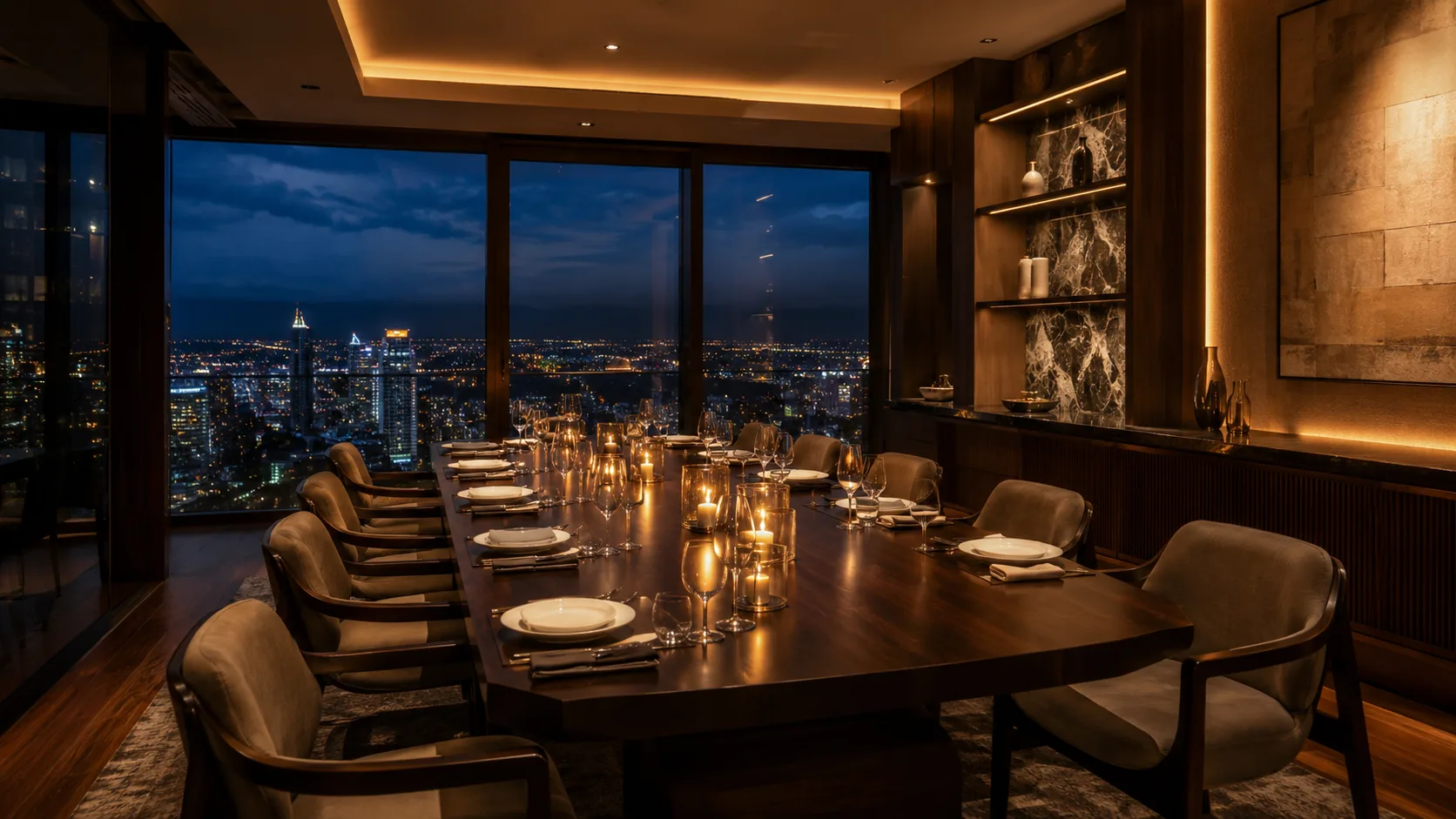 Elegant private dinner setting in Bogotá with refined table service and city views
