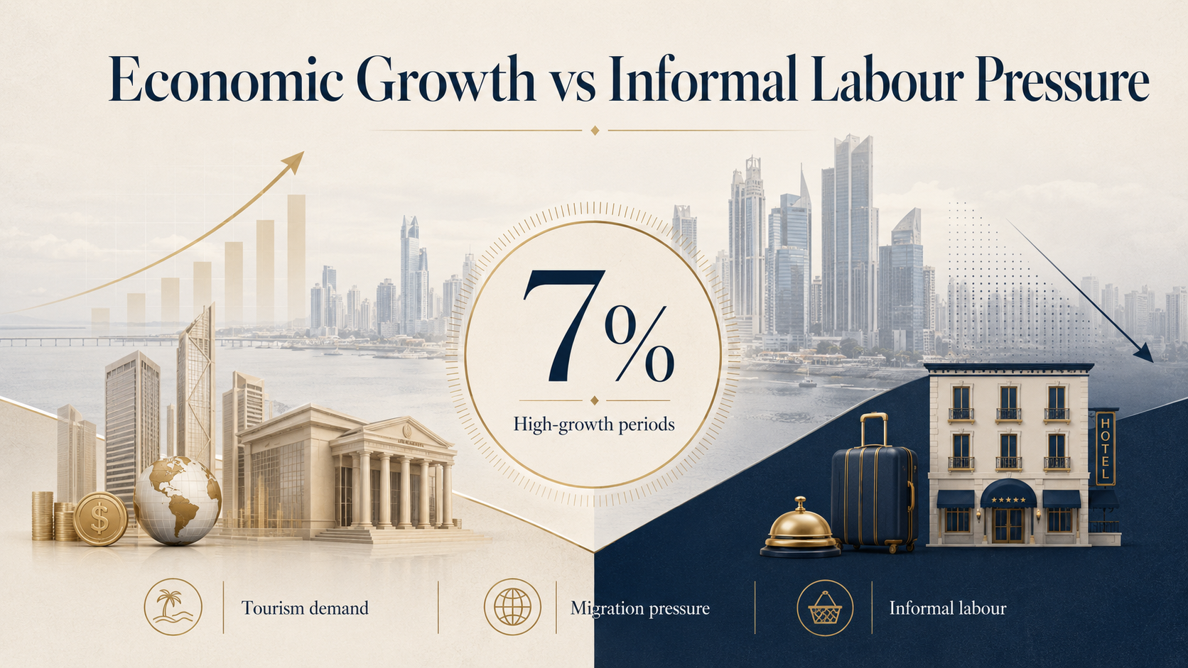Editorial infographic showing economic growth versus informal labour pressure in Panama